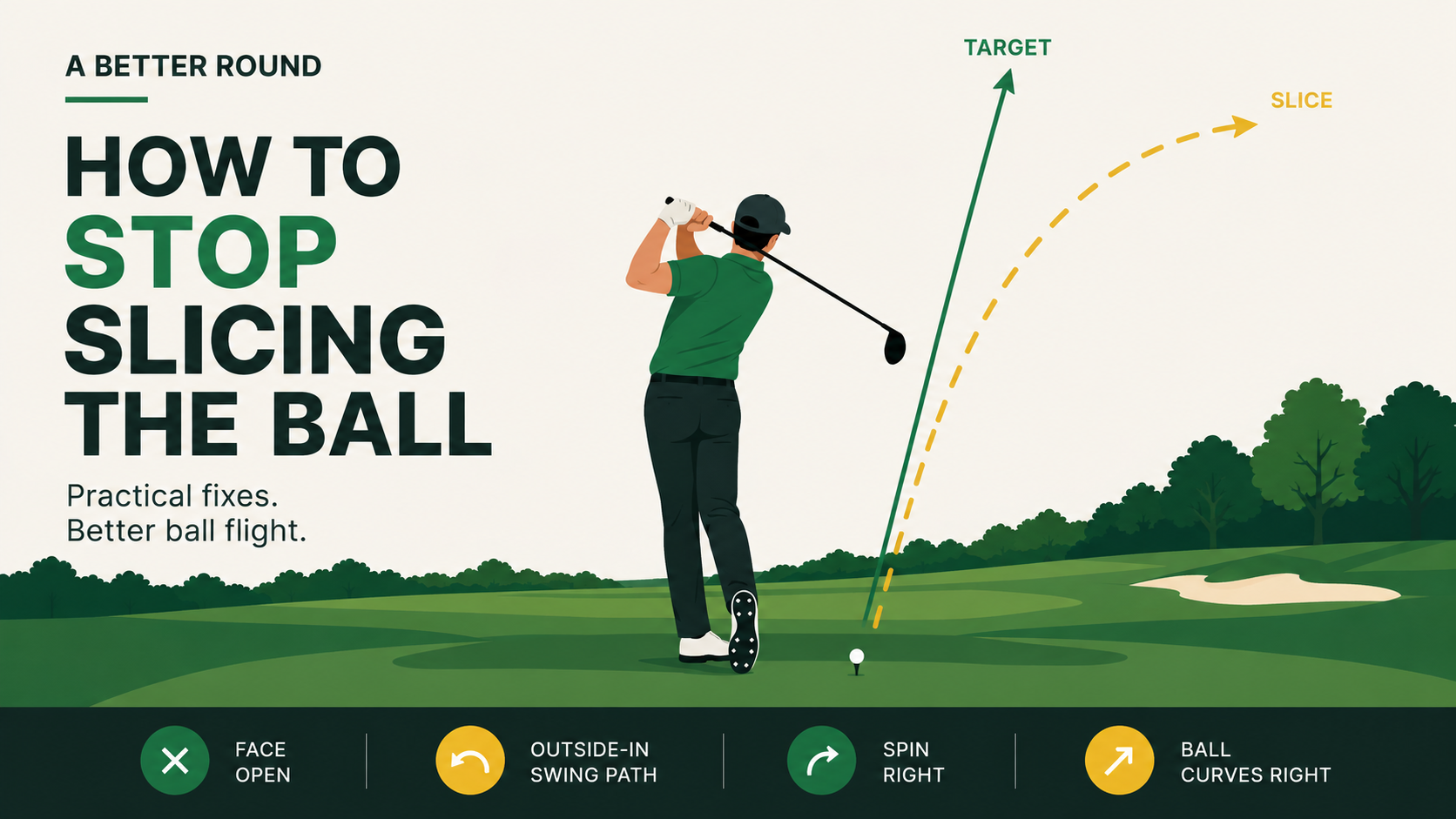Golfer demonstrating a slice with the ball curving right, compared with a straighter target ball flight
