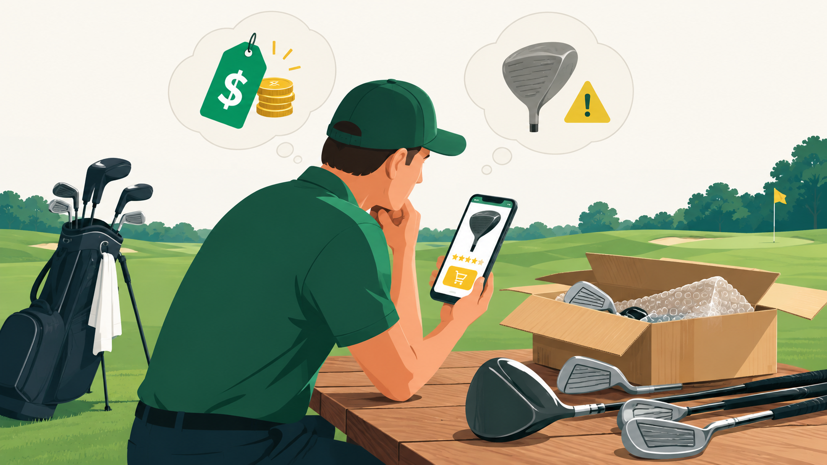 Golfer considering an inexpensive golf club purchase while comparing equipment and value on a golf course