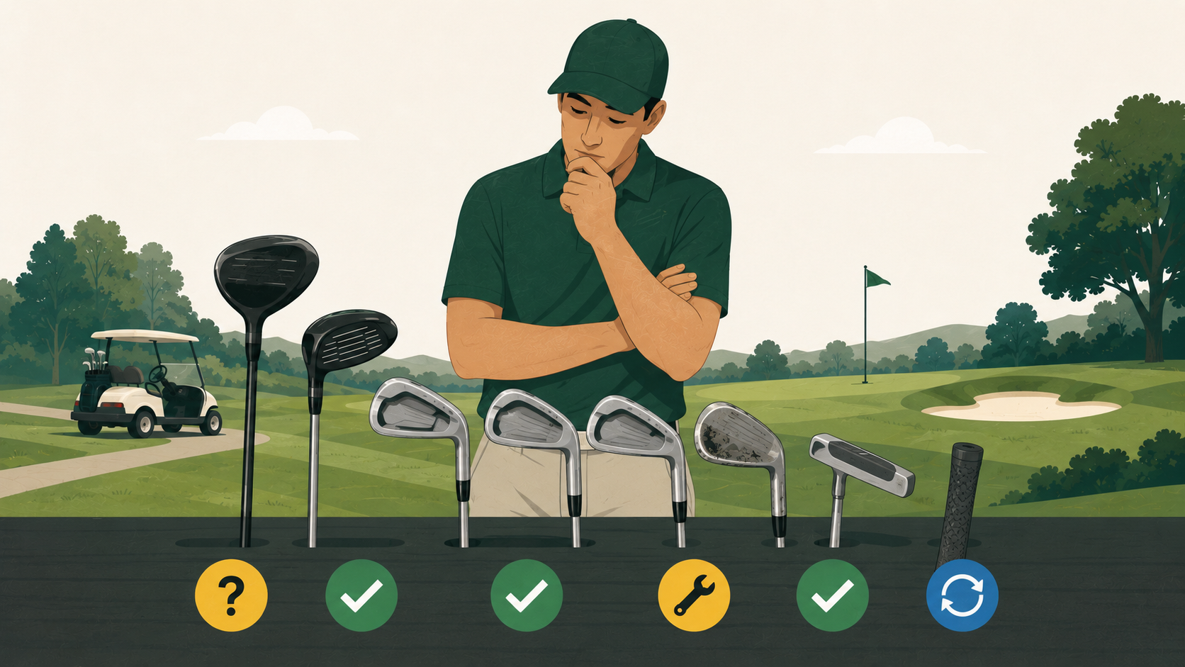 Golfer assessing a mixed set of golf clubs on a course, considering which clubs to keep, repair, test or replace