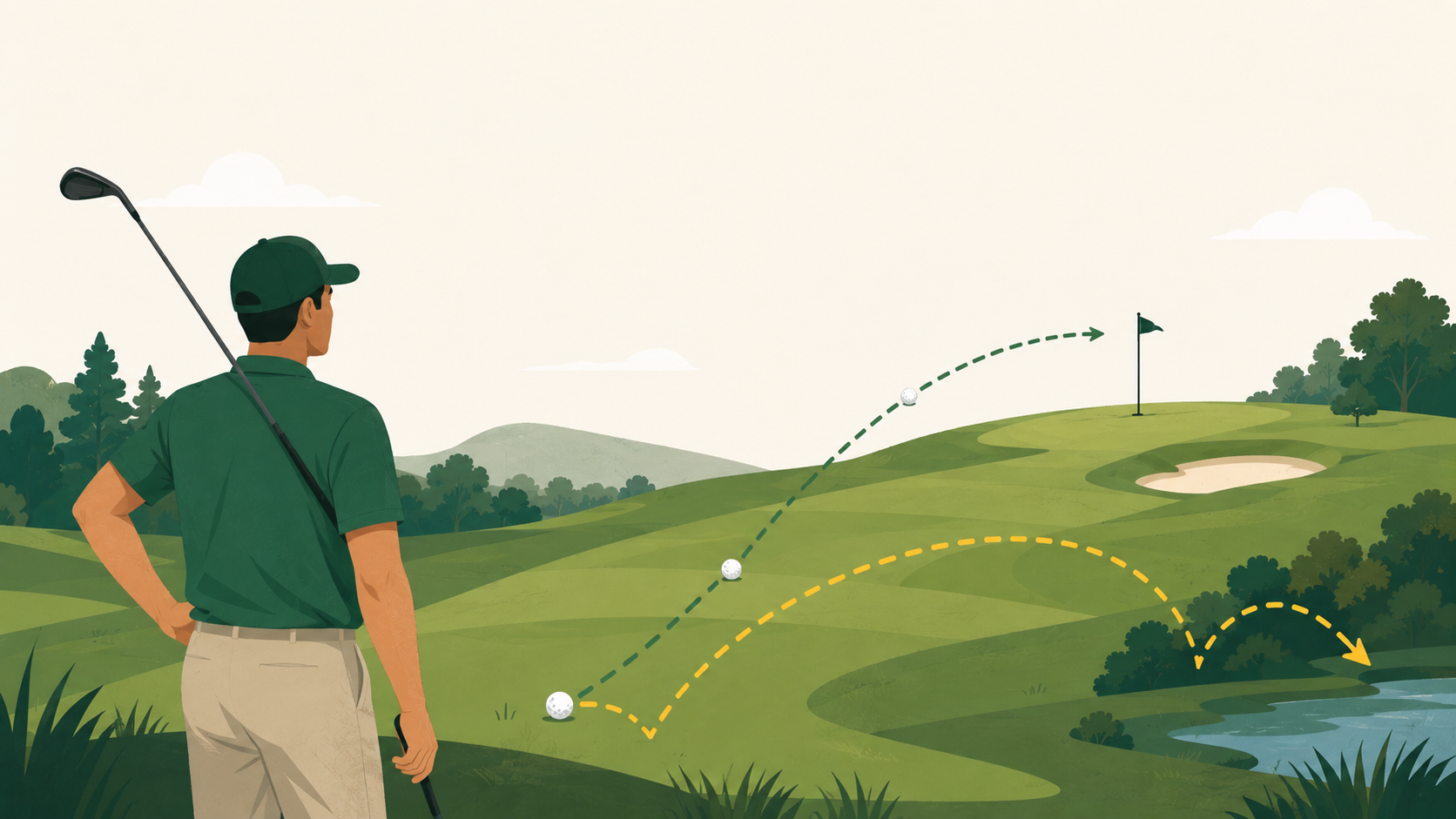 Golfer reflecting on a performance slump as contrasting shot paths cross a golf course toward the green